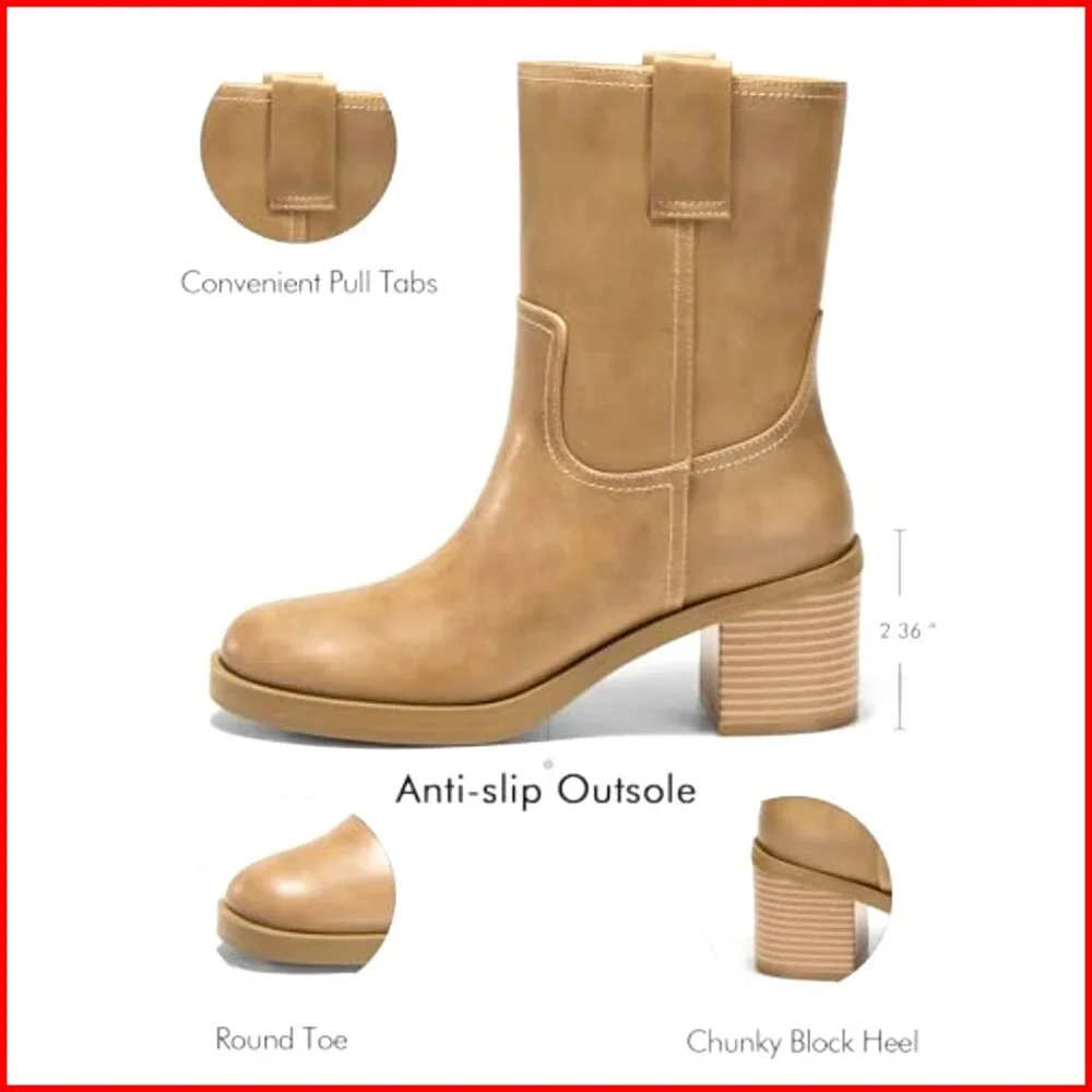 Platform Mid Calf Boots Chunky Block Heel Round Toe Slip On